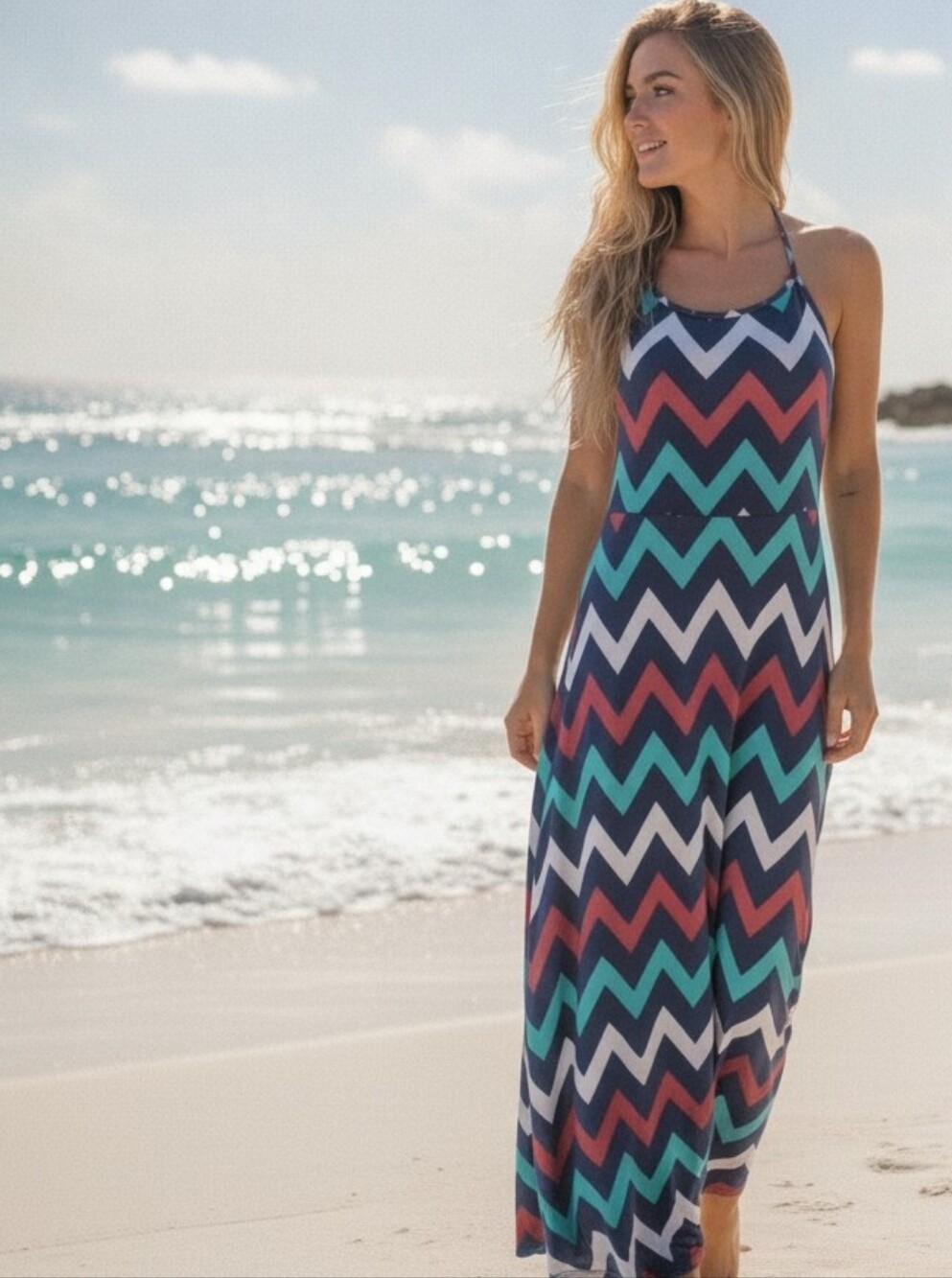 Backless Chevron Halter Maxi Dress in Teal, Navy & Pink